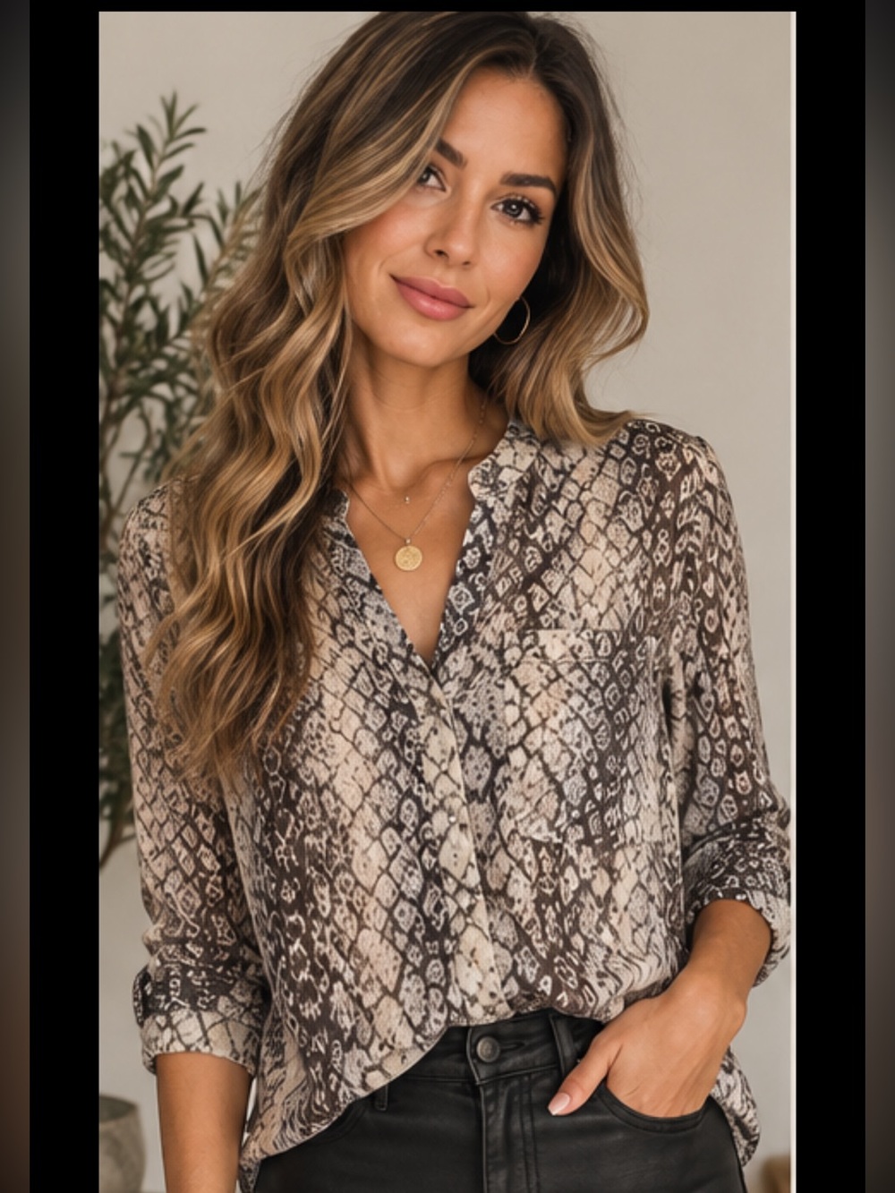 Apt. 9 Snakeskin High Low Blouse XS Neutral Animal Print Button Front